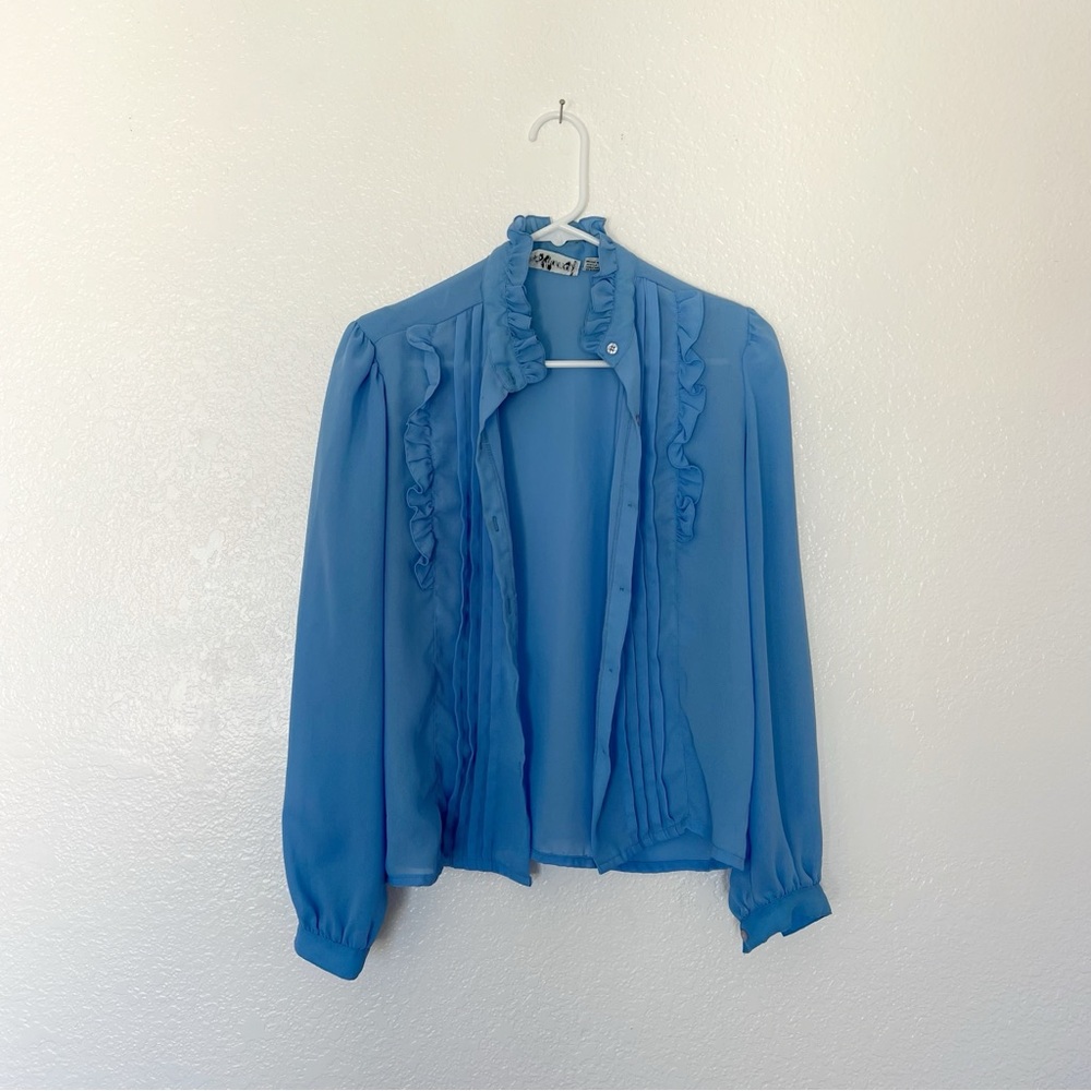 Vintage Blue Tuxedo Blouse 1980s High Neck Ruffle Womens Top Lloyd Harry Dumber - Picture 4 of 6